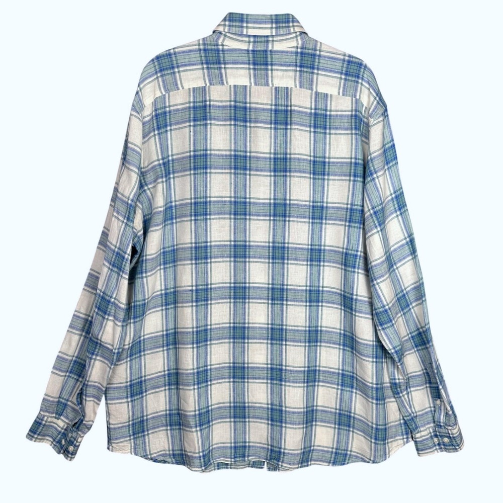LL Bean Button Down Mens XXL Blue Green Plaid Linen Slightly Fitted Shirt Summer - Picture 3 of 7